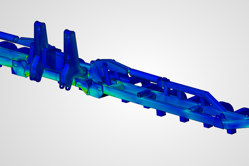 Computer-aided design model of a mechanical framework or chassis in blue and green hues.