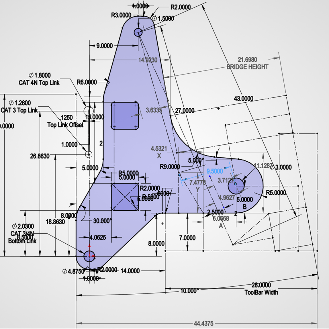 Technical drawing of a mechanical part with dimensions, radii, and annotations in blueprint style, including labels and measurements.