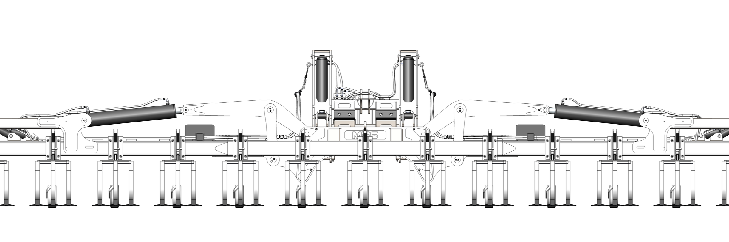 A technical illustration of an agricultural machinery implement with multiple black and silver components and hydraulic hoses.