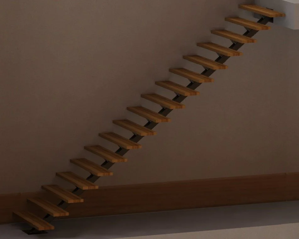 A set of metal beam stairs with no railing, attached to an interior wall, leading upward at an angle.