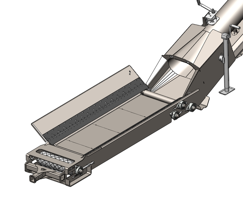 3D rendering of an industrial machine with a conveyor and inclined chute.