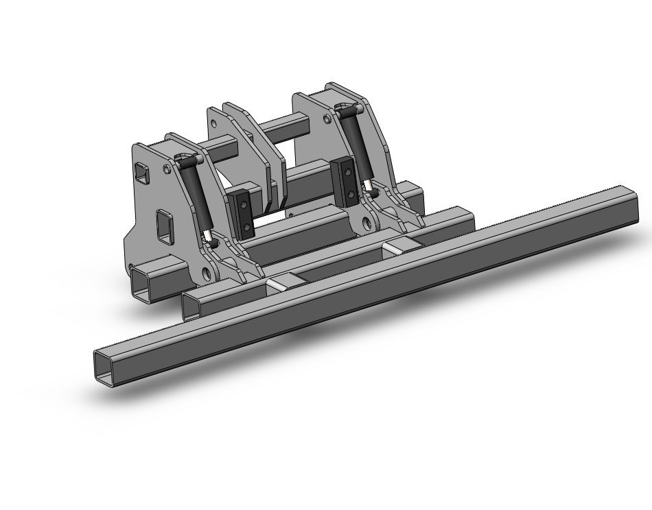 3D model of a mechanical assembly with metal parts, brackets, and a long rectangular rail.