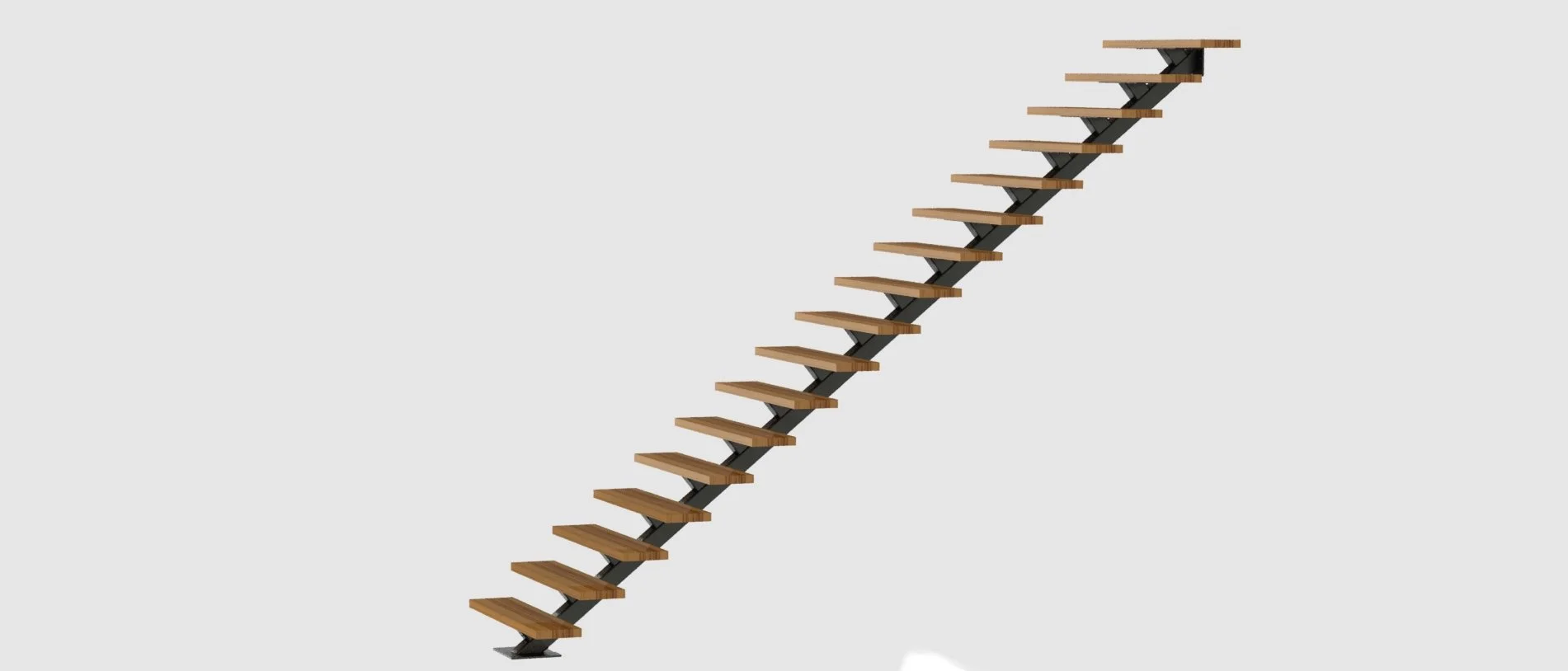 A modern staircase with wooden steps and a black metal support against a plain grey background.
