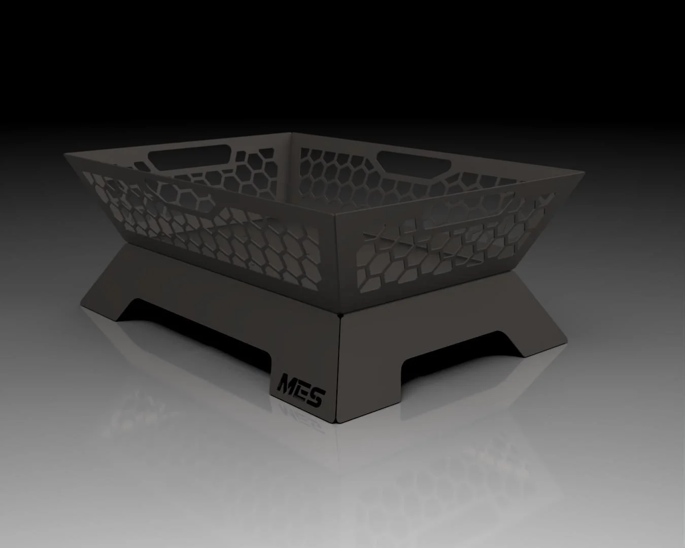 A black, honeycomb-patterned rectangular barbecue grill with a sturdy base, branded with 'MEG' on the side, set against a dark background.