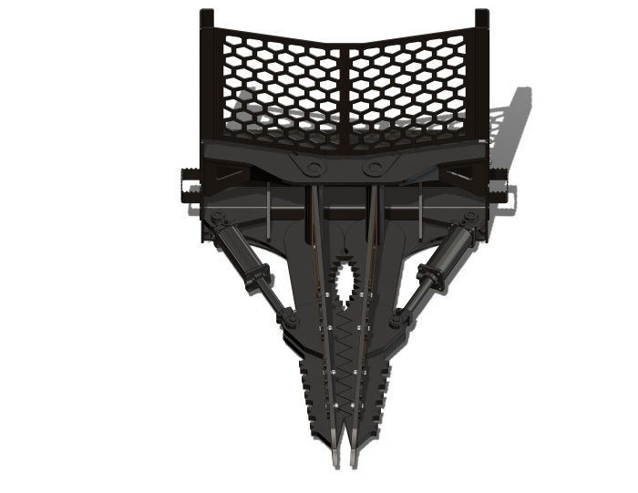 Black skid loader tree puller with a mesh guard on top.