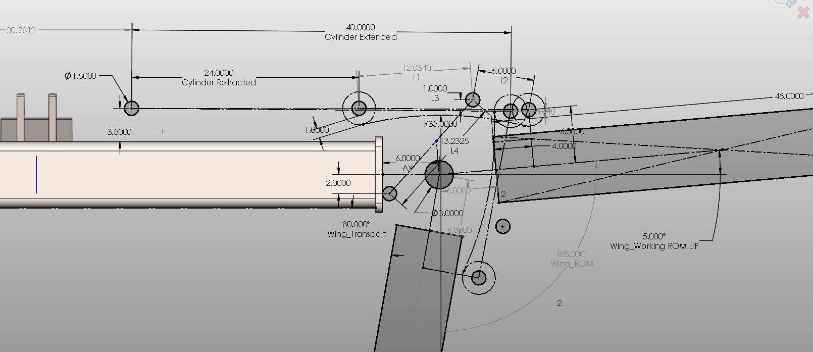 A technical engineering drawing of a mechanical component with multiple measurements, circles, and angular lines, including labels such as 'Cylinder Extended,' 'Cylinder Retracted,' and various dimensional annotations in inches and degrees.