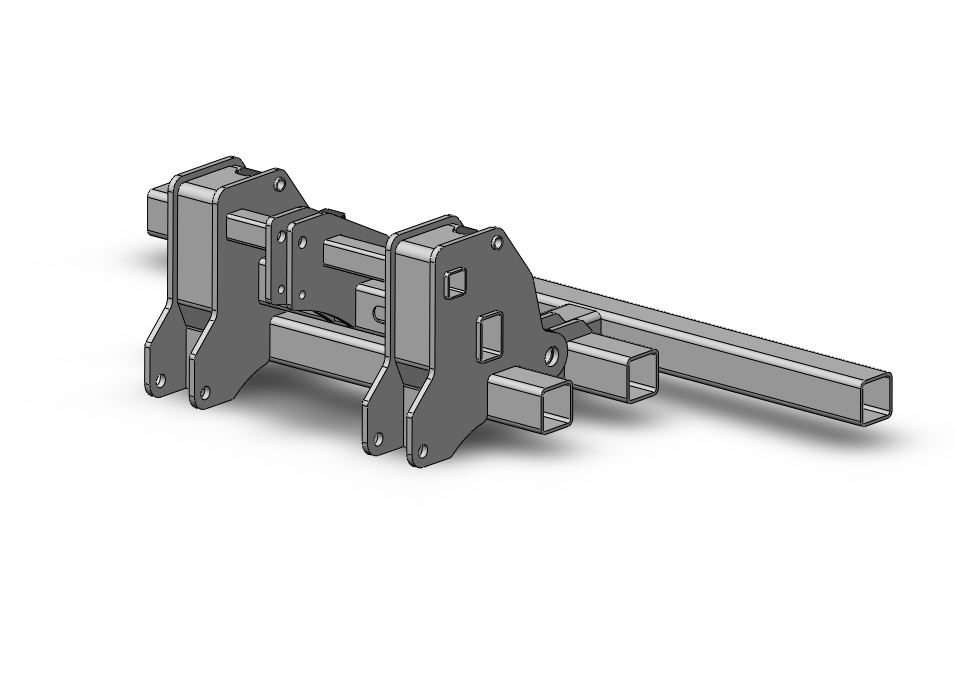 A 3D CAD model of a mechanical assembly with metal brackets, square and rectangular tubes, and mounting holes.
