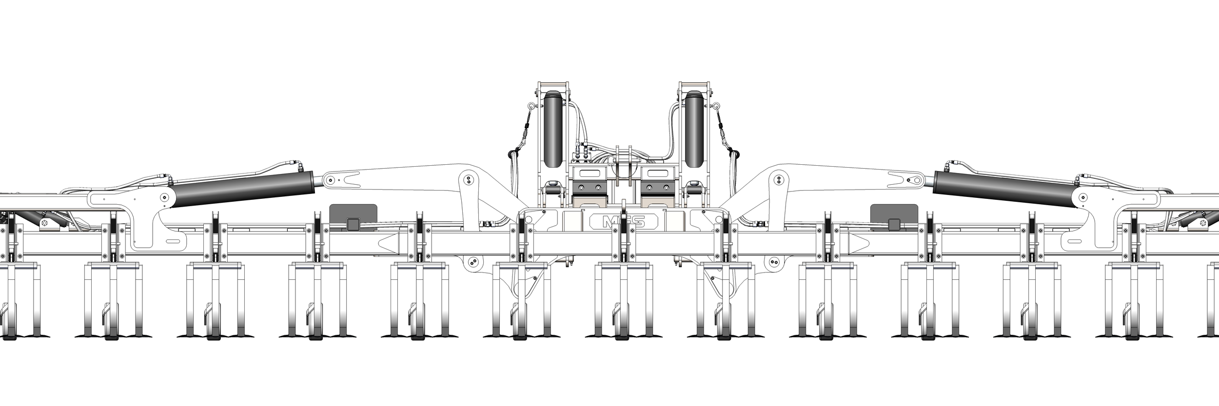Technical drawing of a large agricultural implement with multiple blade-like parts and hydraulic cylinders.