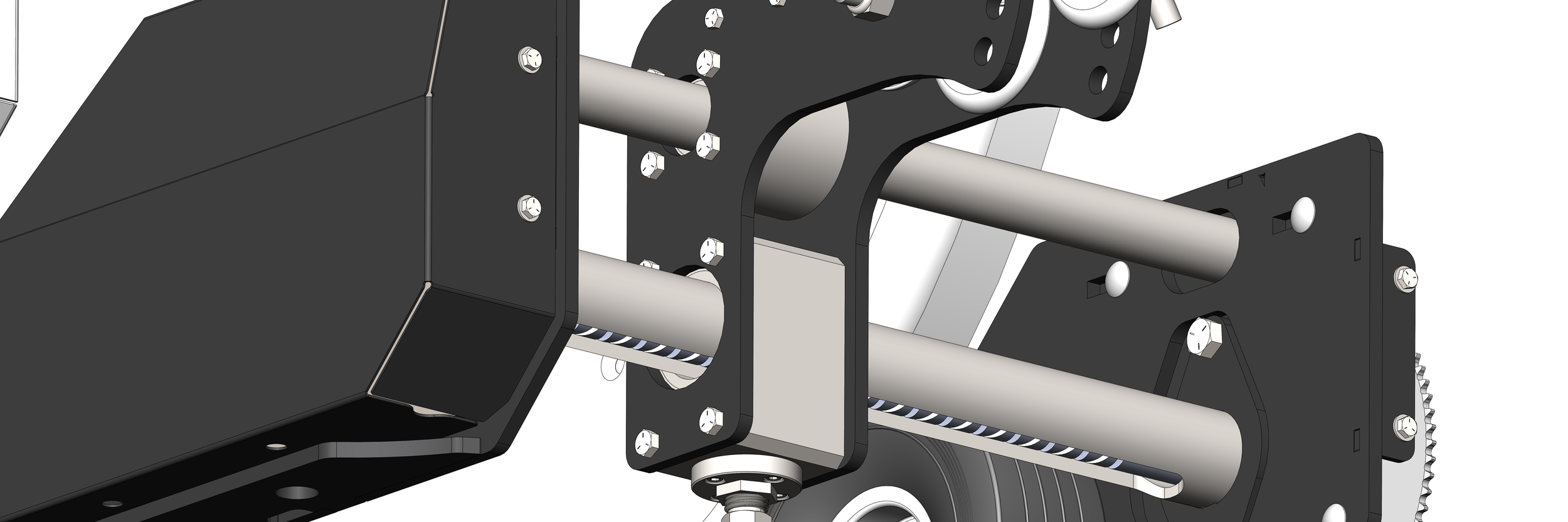 Close-up of mechanical assembly with black and silver metal components, rods, and screws.