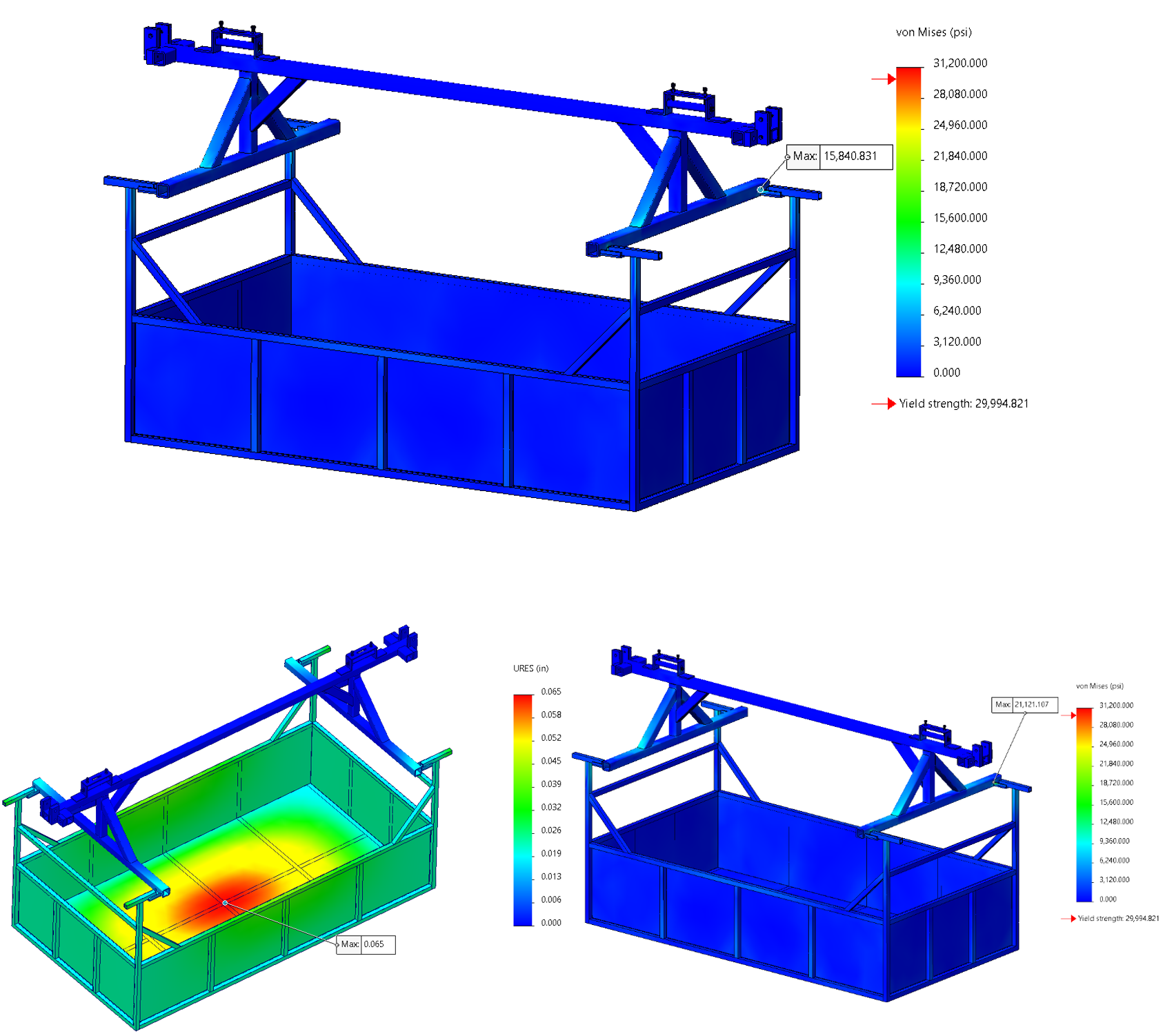 Computer-aided engineering simulation images of a structural frame, showing stress distribution, displacement, and pressure analysis with color-coded visualizations and annotations for maximum stress and yield strength.