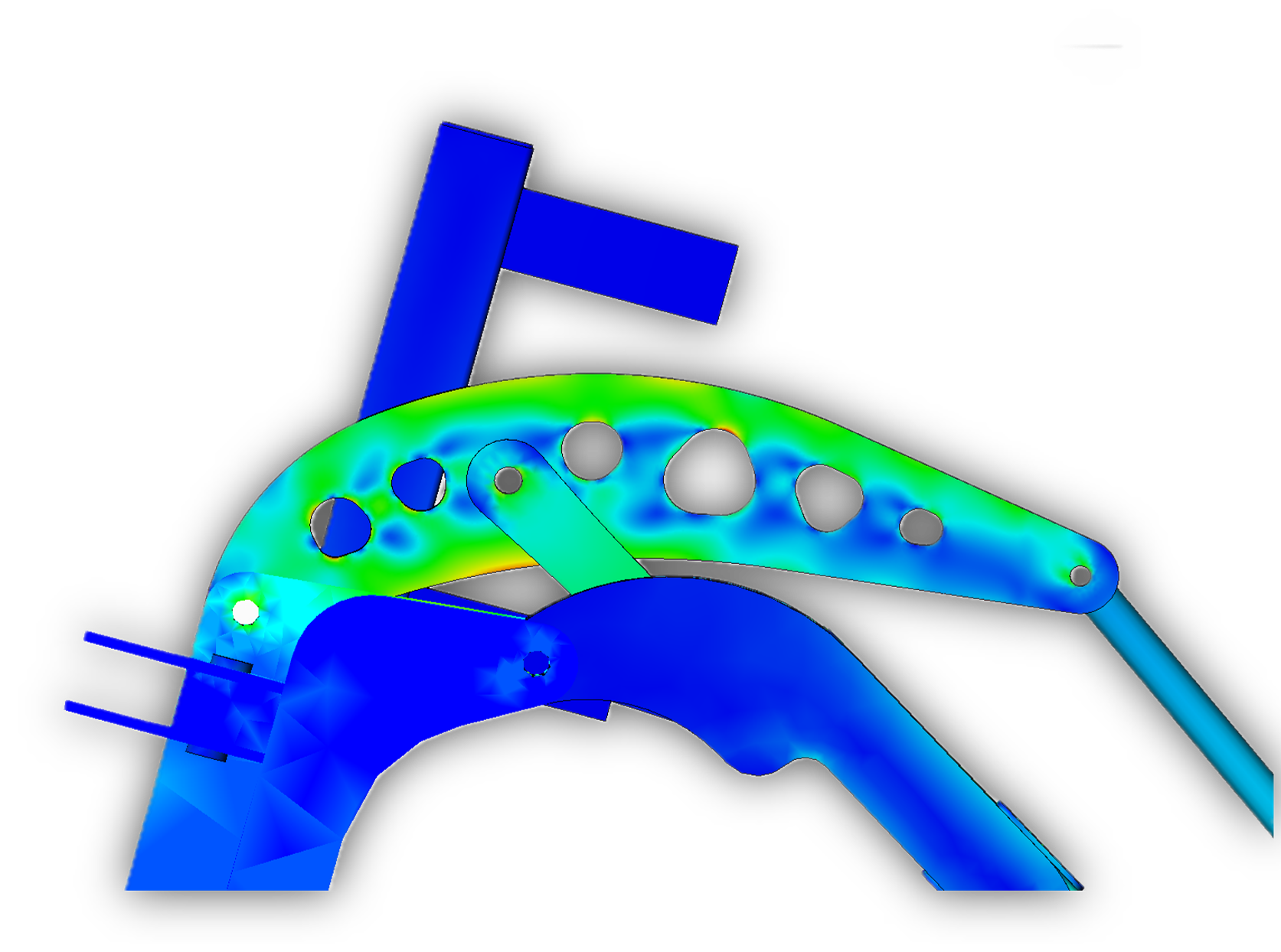 Computer-aided design model of a mechanical structure showcasing stress analysis with color gradient, featuring a large curved arm, multiple holes, and supporting components.