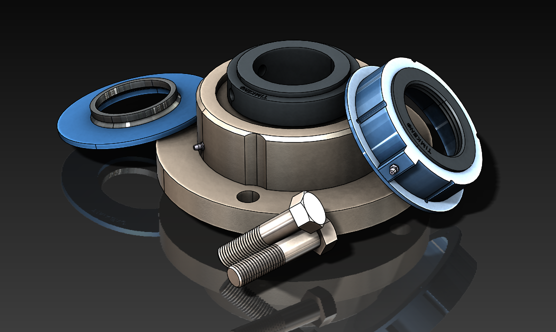 Close-up of mechanical parts, including a bearing, a blue collar, a white collar, a metal flange, and two screws, arranged on a reflective surface.