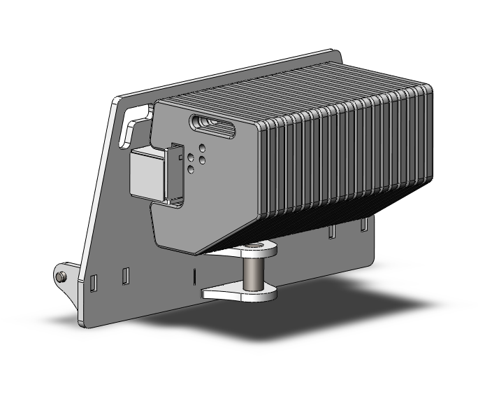 3D rendering of a mechanical or electronic device with a ribbed heatsink attached to a metal base and mounting bracket.
