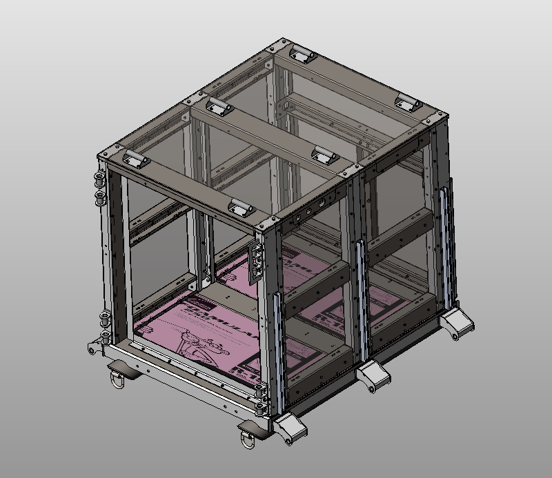 A technical 3D rendering of a transparent enclosure frame with wheels and structural components, likely a machine or equipment housing.