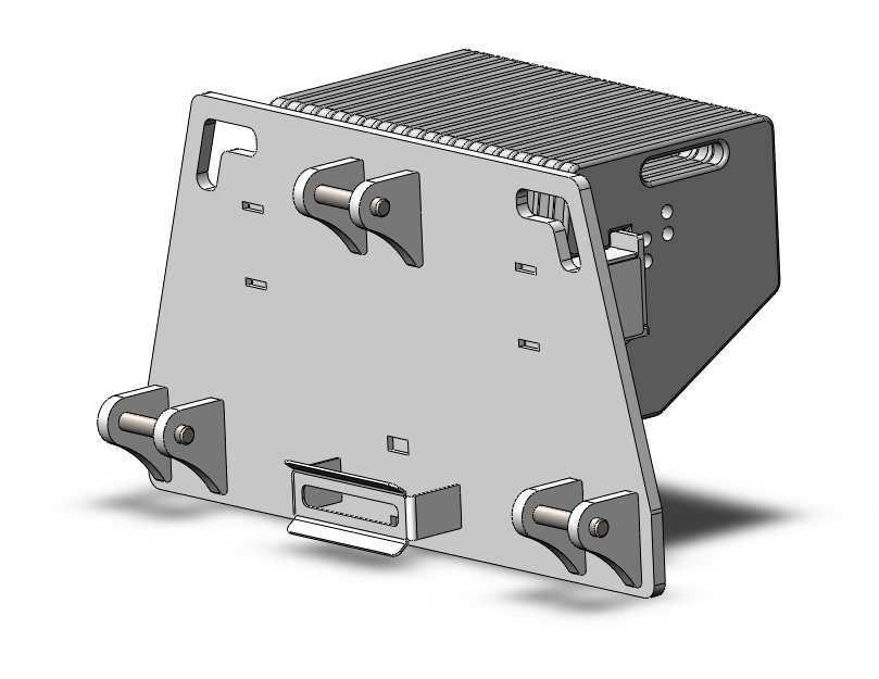 A 3D CAD model of a metal bracket or mounting plate with multiple attachment points and slots.