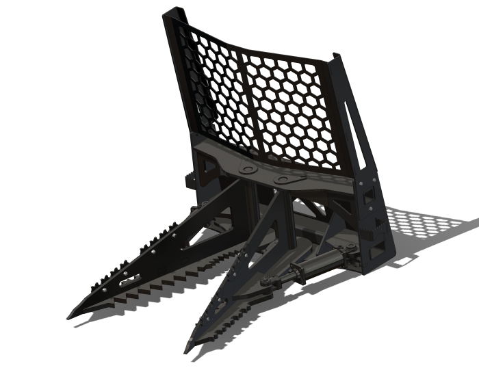 Black skid loader attachment with toothed blades and a honeycomb-patterned guard, likely for construction or landscaping machinery.