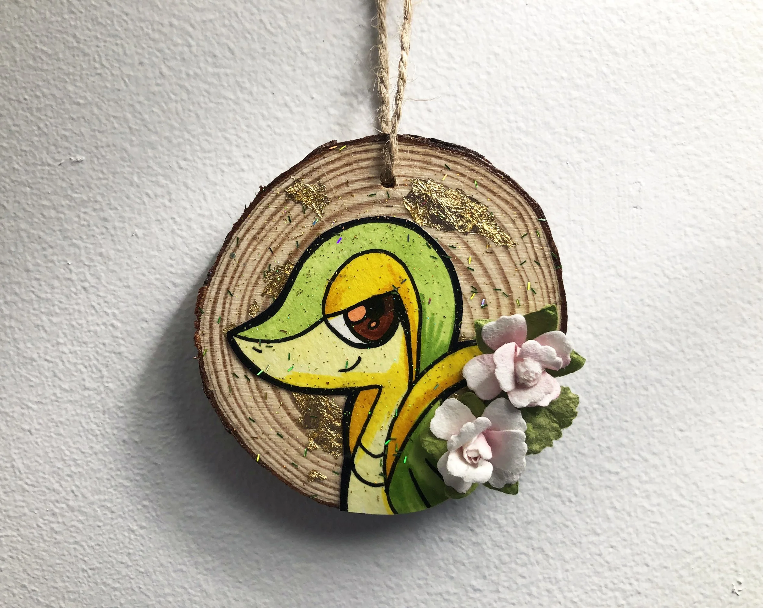 Snivy Pokemon Inspired Wooden Christmas Ornament