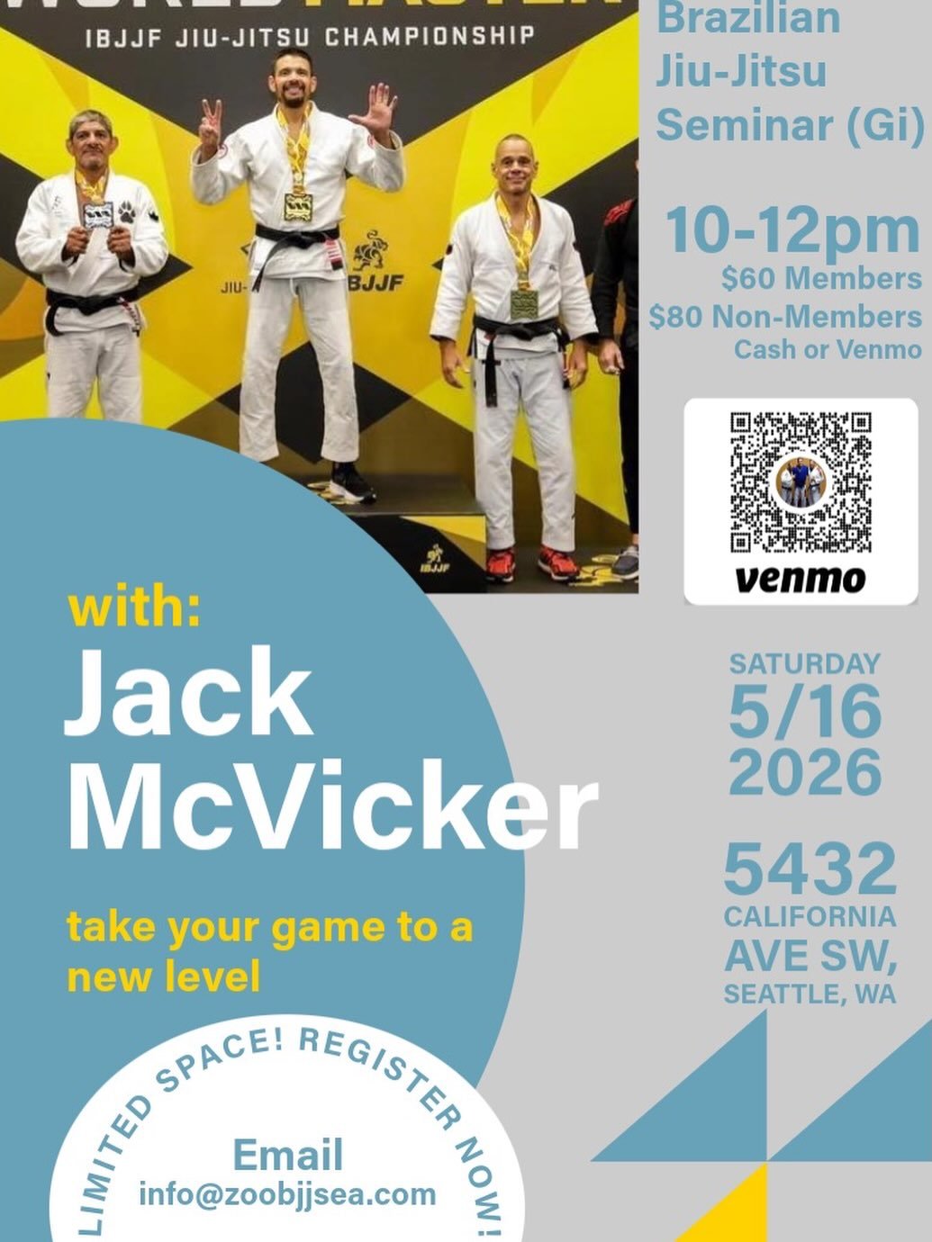 Big News 🚨

We&rsquo;re excited to welcome world class BJJ competitor Jack McVicker to our mats for a special BJJ seminar @zoobjjsea Saturday, May 16th.

Jack is 5th degree black belt under legendary instructor Megaton Dias. He&rsquo;s been actively