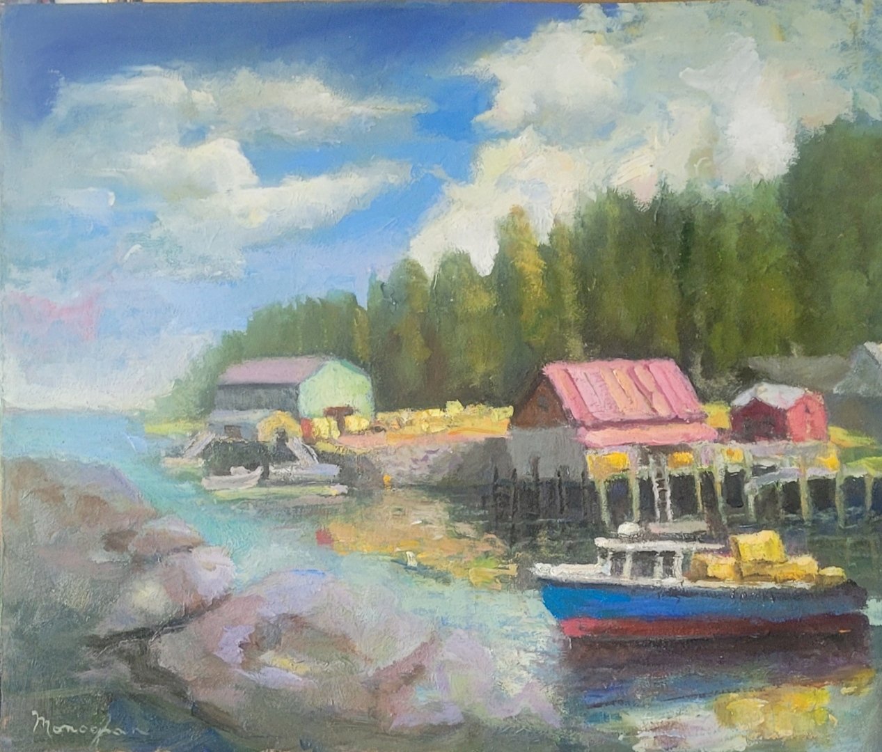 A watercolor painting of a lakeside scene with various buildings, a boat, trees, and a partly cloudy sky. by Patrick Monaghan