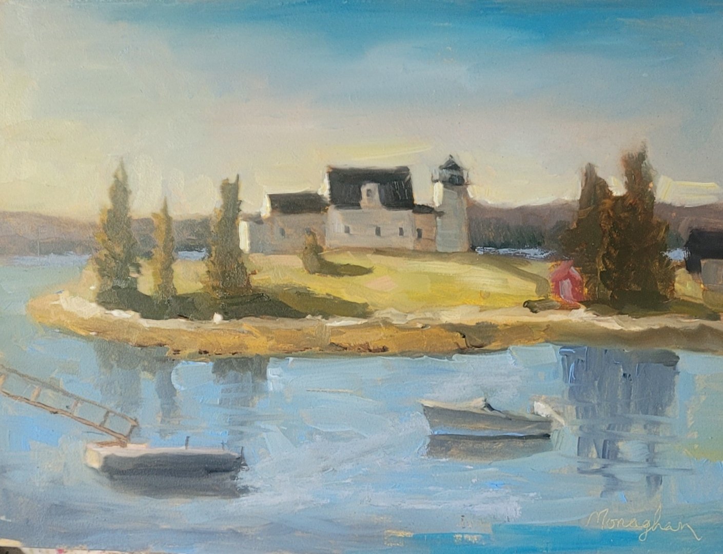 An impressionist landscape painting of a lakeside scene with a large house or castle on a hill, surrounded by trees and water with boats in the foreground.  by Patrick Monaghan