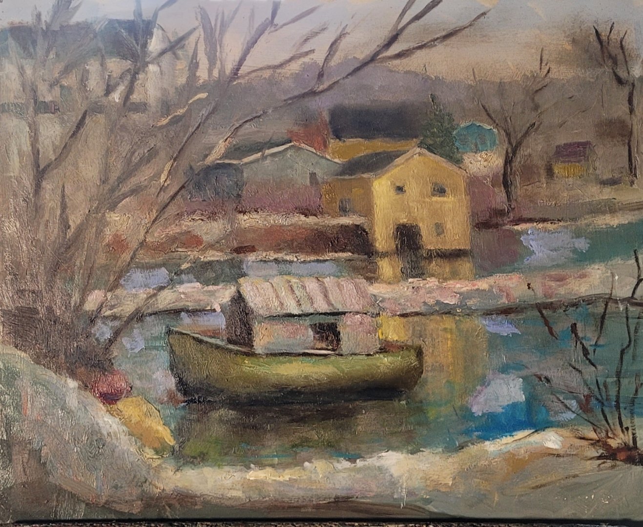 A watercolor painting of a rural scene with a river, a house, a boat, leafless trees, and other buildings in the background.  by Patrick Monaghan
