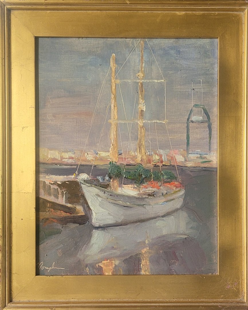 A painted image of a sailboat with two masts docked at a harbor during sunset, with a lighthouse in the background, framed in a gold frame. by Patrick Monaghan