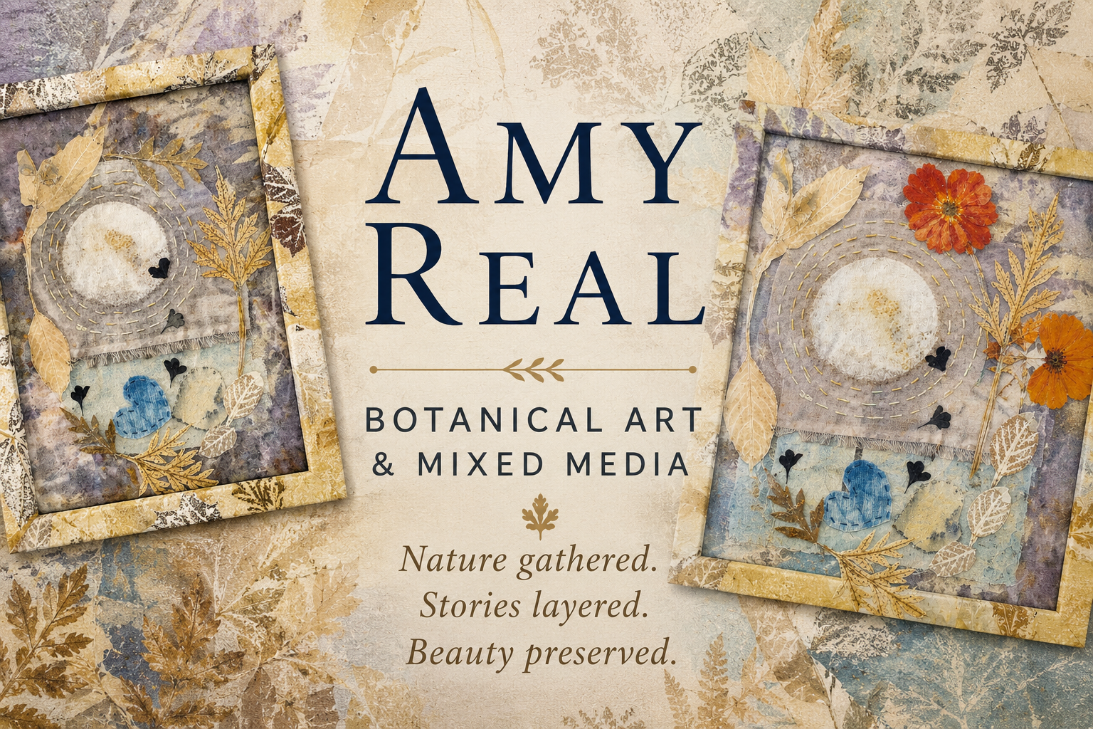 Promotional image for Amy Real's botanical art and mixed media. The background features layered autumn leaves and botanical illustrations. Two framed mixed media artworks show moon phases, leaves, and colorful floral accents, with a central text overlay describing the art style, themes, and the artist's motto.