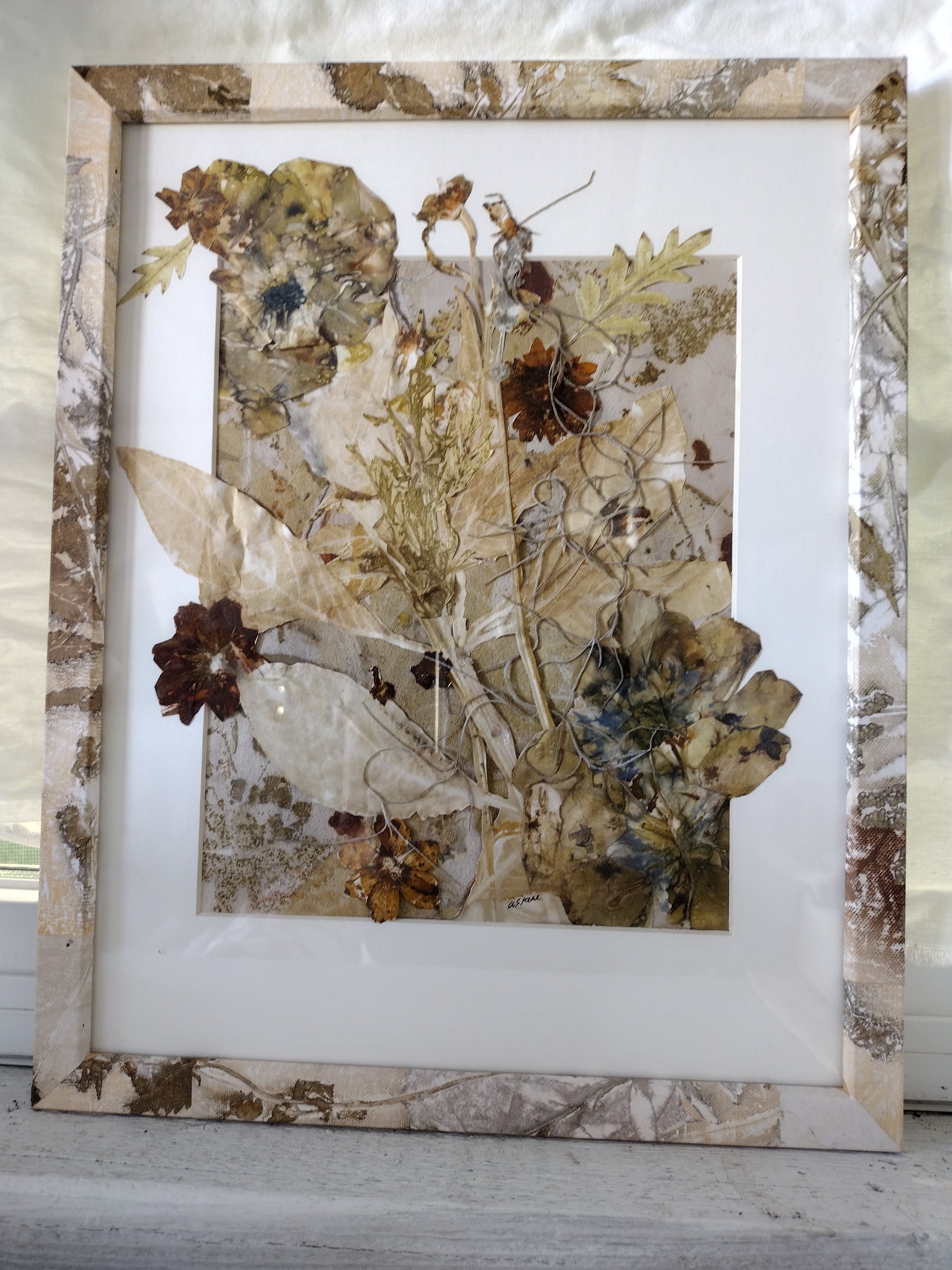 A framed collage of dried pressed leaves and flowers arranged on a white background. By Amy Real