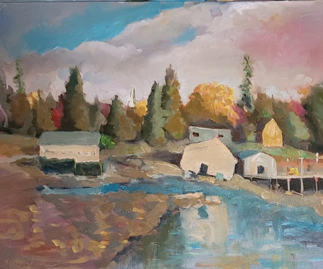 Painting of a riverside scene with trees, houses, and a cloudy sky in soft pastel colors.  by Patrick Monaghan