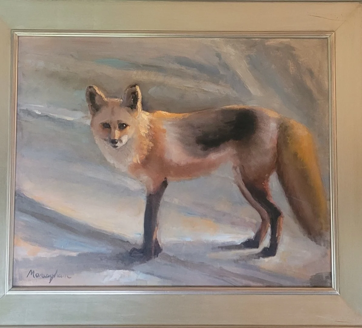 Painting of a fox standing on a light-colored ground, with a background of soft, muted colors. The artist's signature is visible in the bottom left corner. by Patrick Monaghan