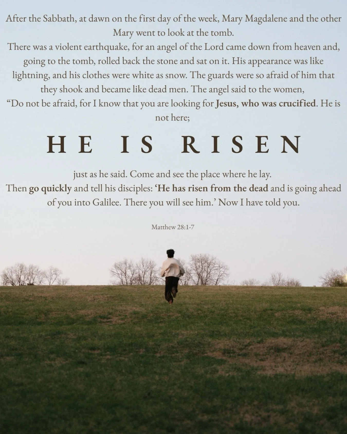 The stone is rolled, the grave undone
the silence shattered by the rising Son.
You met death and broke its claim,
stepped forth in glory, called us by name.

We run now, hearts burning bright,
not in fear, but into light.
The tomb is empty, hope aliv