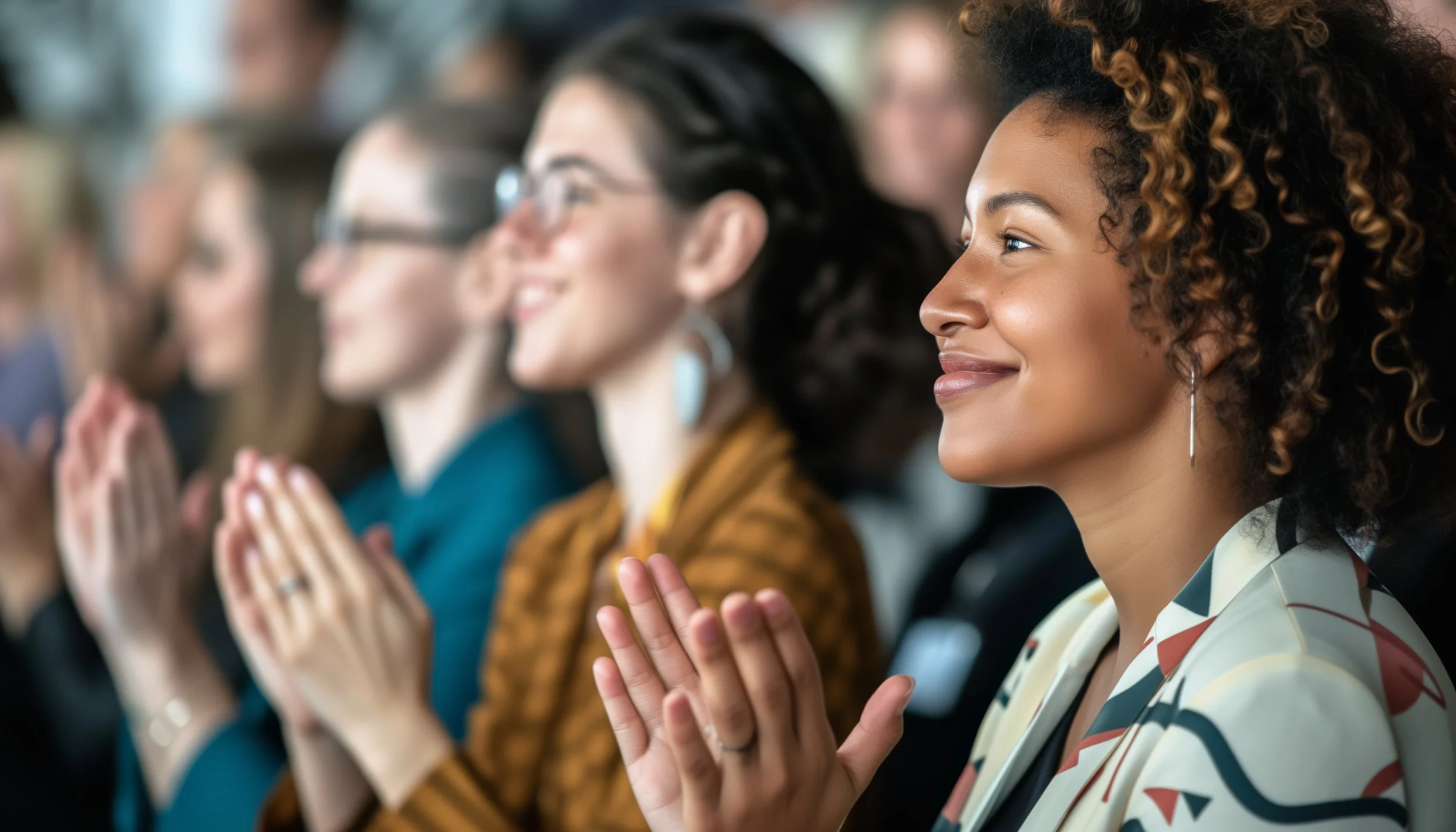 Group of diverse women praying or meditating with eyes closed and hands raised or clasped in a classroom or seminar setting.