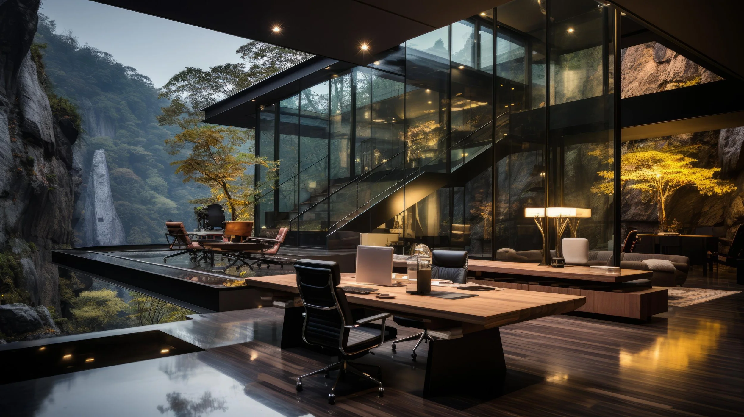 Modern office space with large glass walls overlooking a lush green mountain landscape, featuring a long wooden desk, office chairs, a computer, and contemporary lighting fixtures.