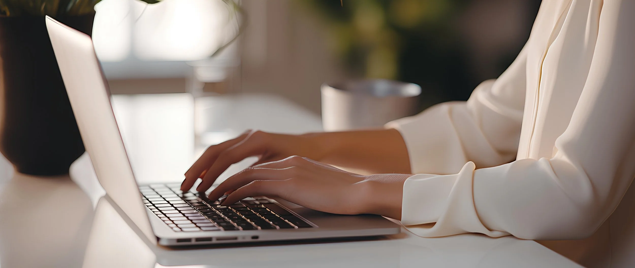 Person typing on a laptop with a white shirt in a well-lit indoor environment.