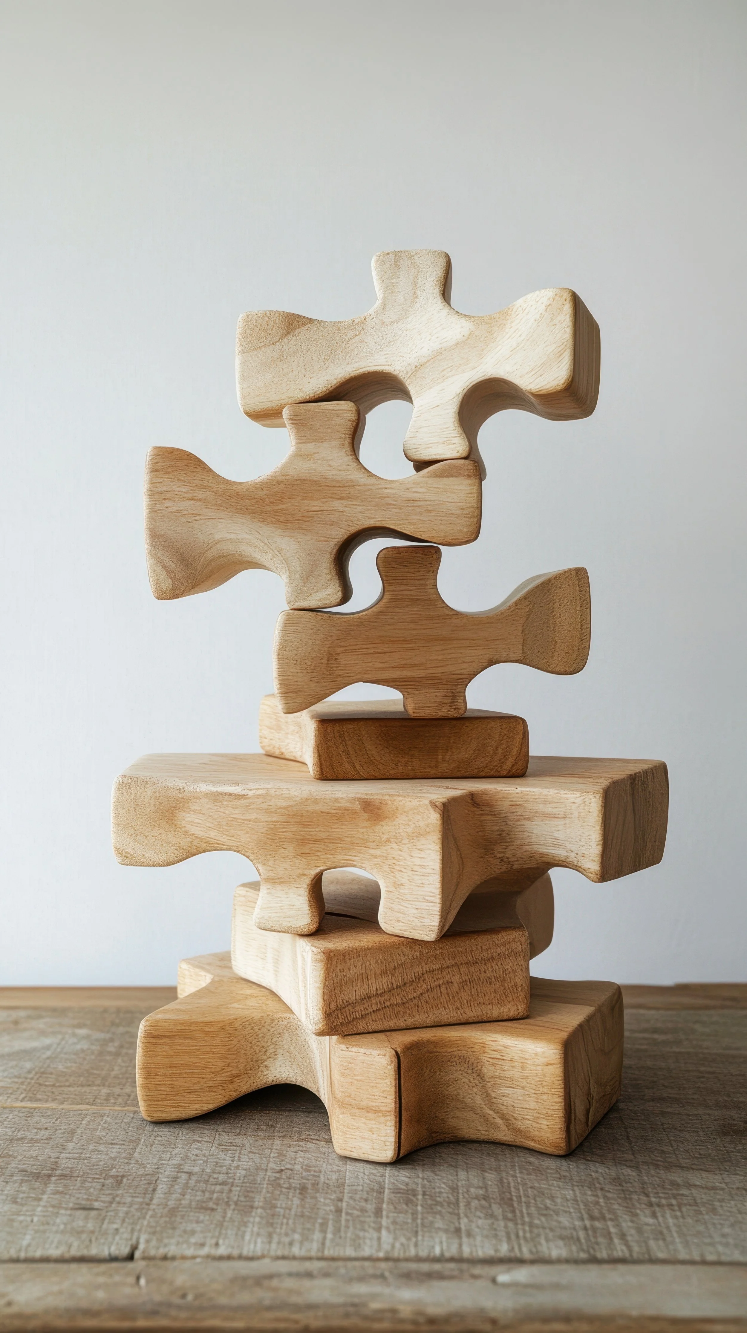 Stacked wooden puzzle pieces on a wooden surface with a plain white background.