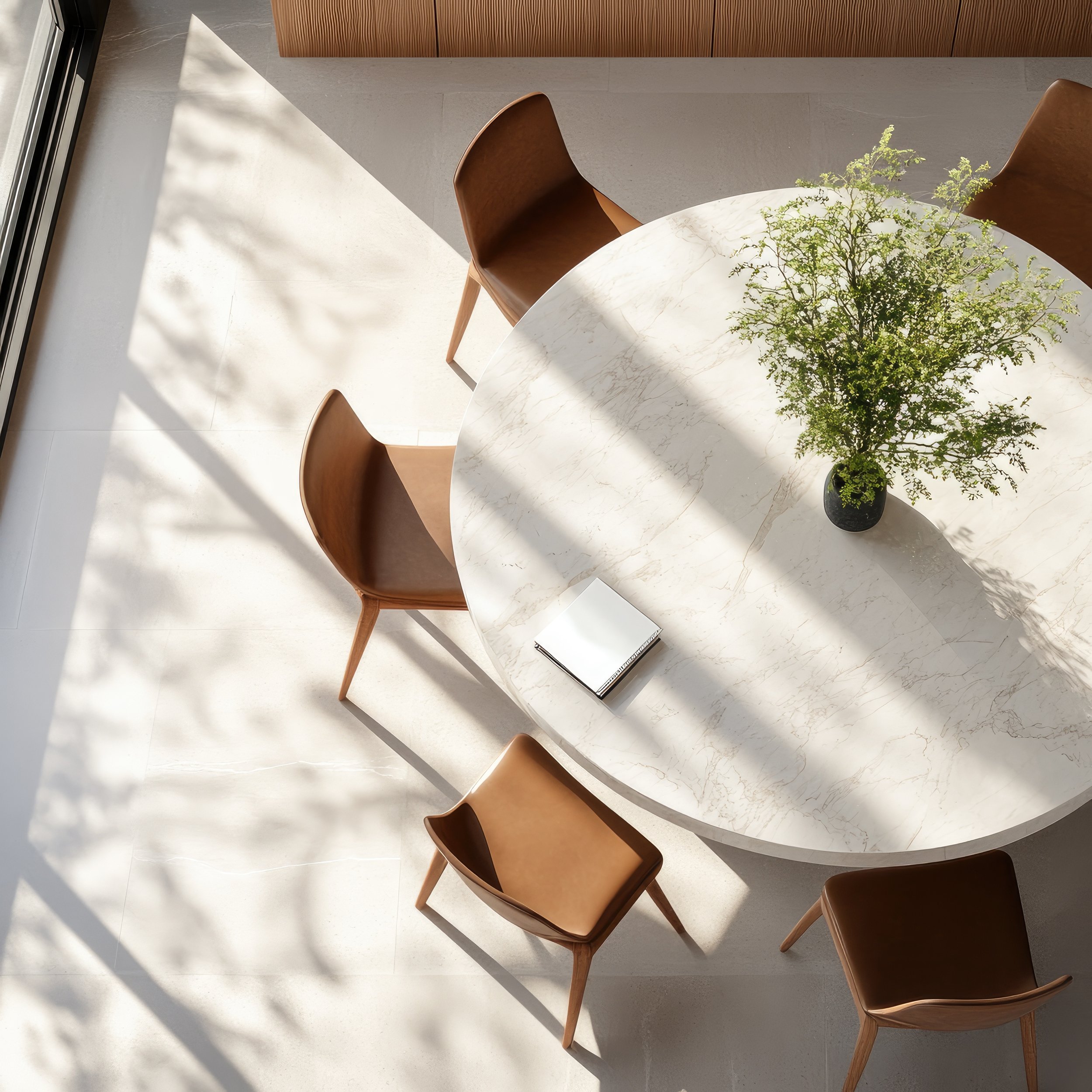 Modern round marble dining table with brown leather chairs, greenery centerpiece, and natural sunlight in a minimalist interior