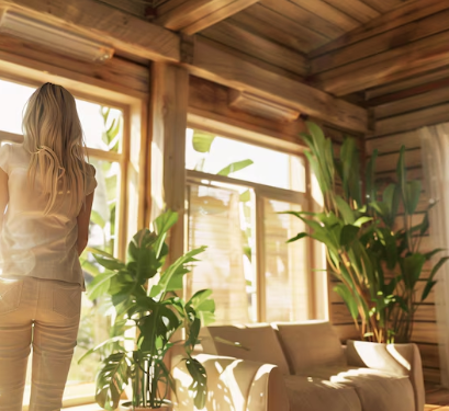 Woman standing in a sunlit room with large windows, wooden interior, and indoor plants.