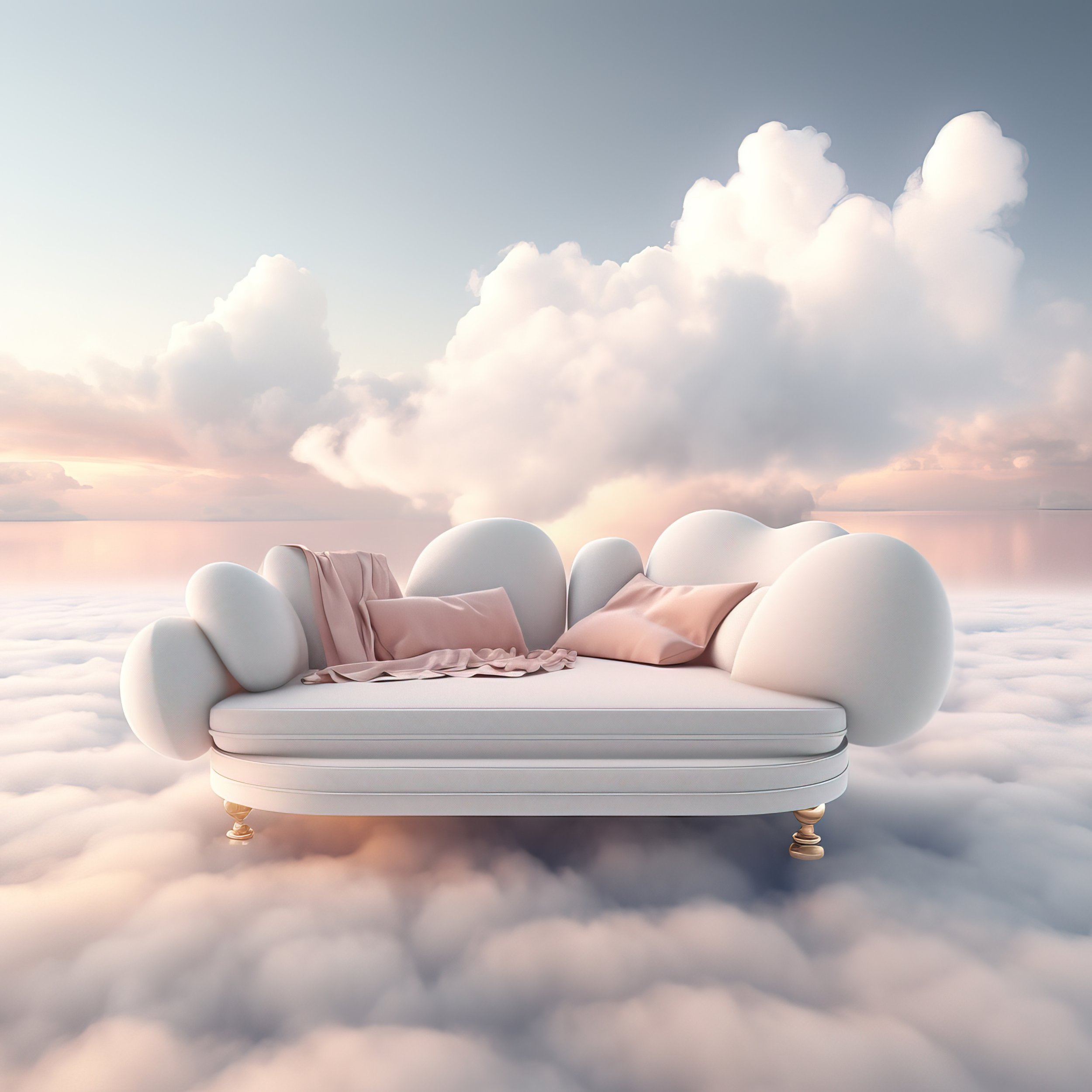 A floating cloud bed with white cushions and pink pillows, set against a sky with fluffy clouds and pastel sunset colors.