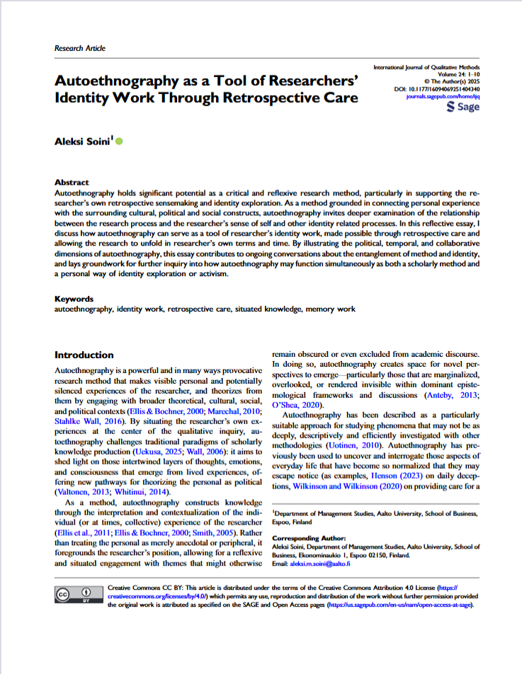 Autoethnography as a Tool of Researchers’ Identity Work Through Retrospective Care