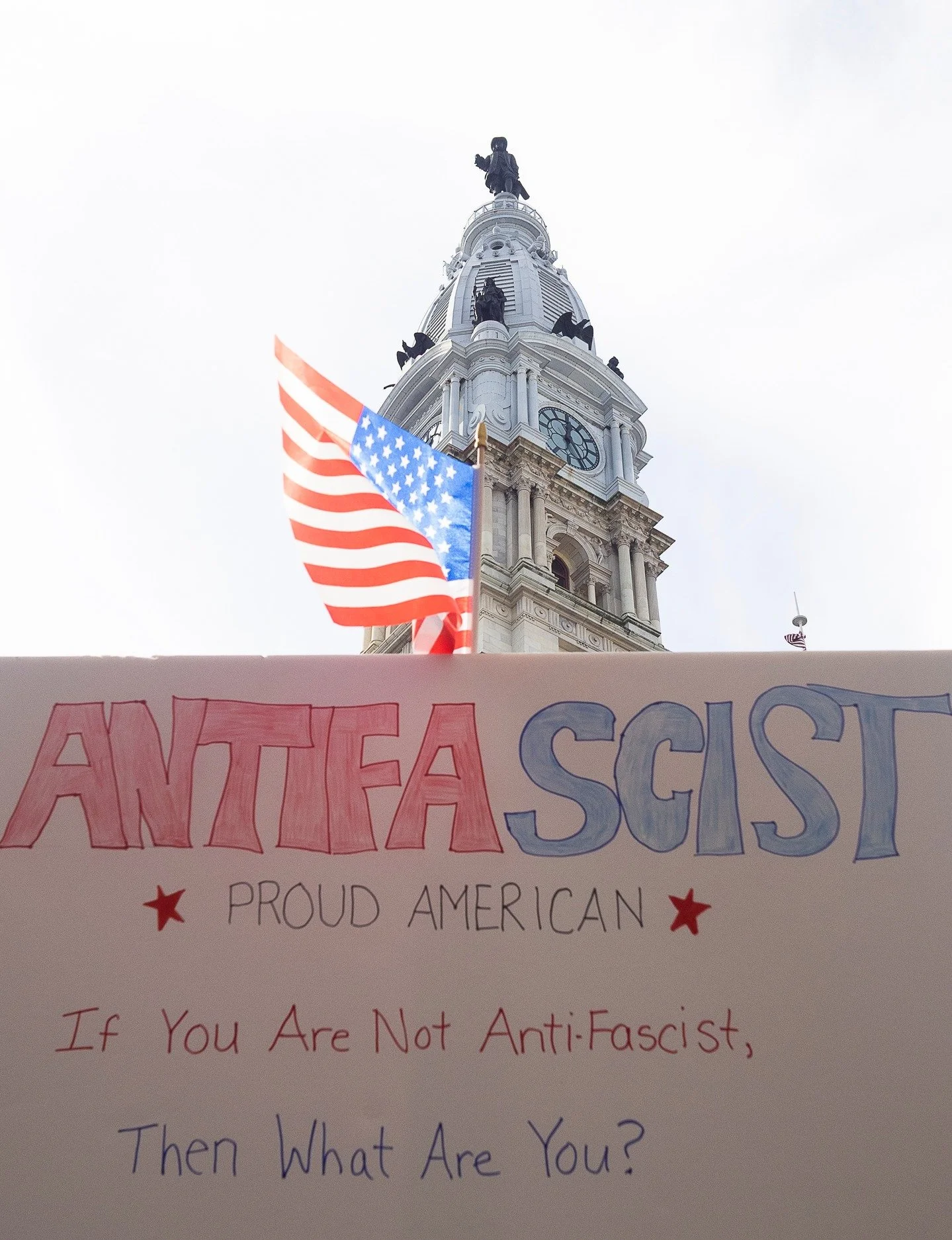 No King's Day: &quot;If you are not Anti-Fascist, Then What Are You?&quot; 
+ Philly Elmo on the front line
-
#NoKings #NoKingsDay #NKD #Protest #Philadelphia #Philly #Phila #PA #Trump #America #USA #Fascism #Fascist #Resist #WilliamPenn #CityHall