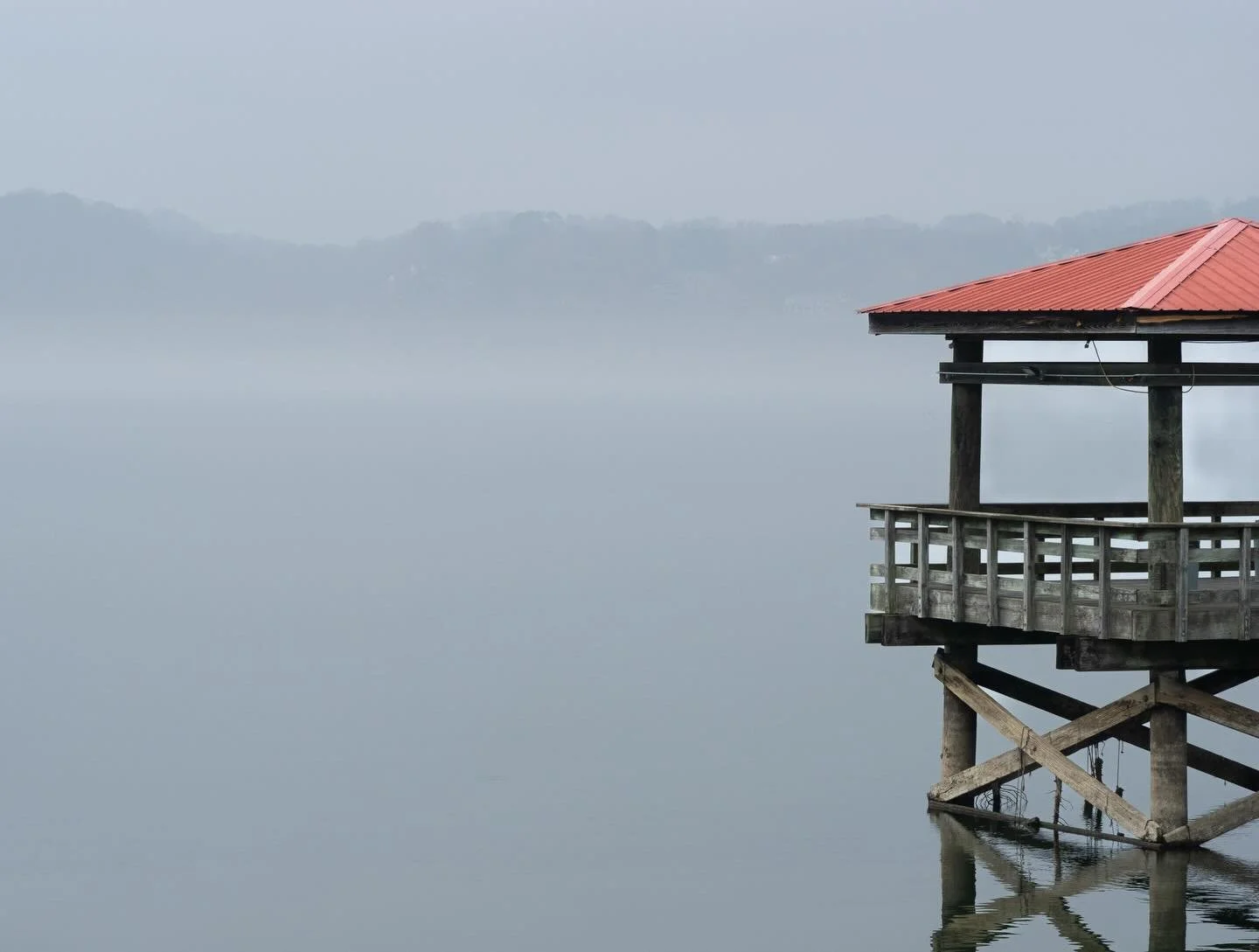 Booker T Washington State Park on a foggy day 
-
Many more to come, wanted to kick it off with this. I like looking at the minimalism&mdash;fall colors in fall with an absolute draining of all that makes it beautiful, yet it captures such a tranquili