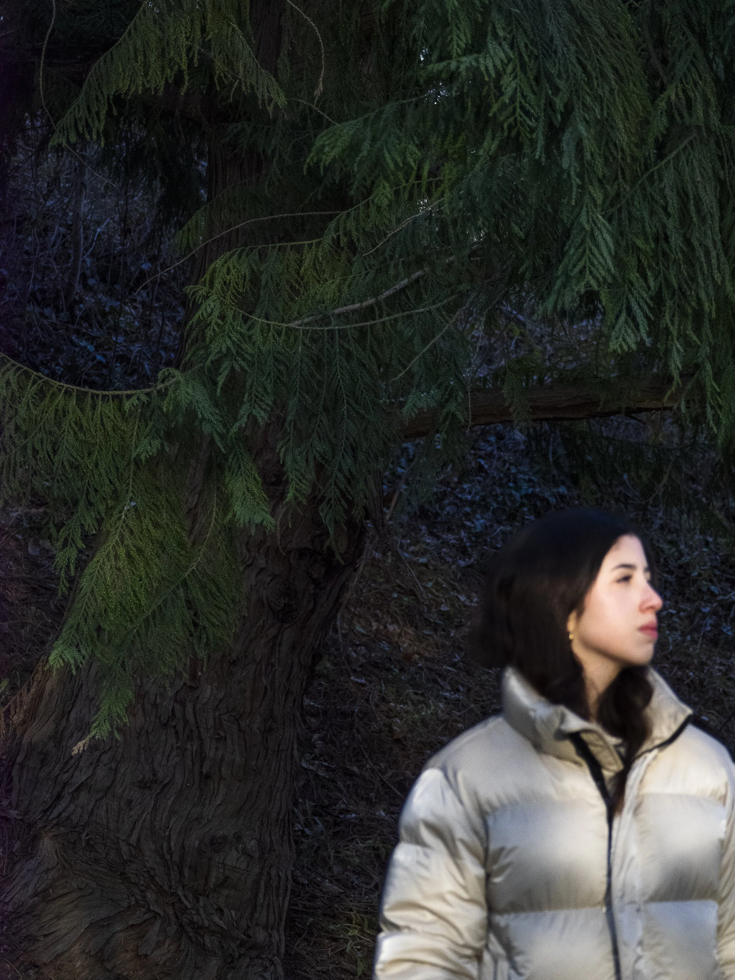 A woman wearing a light-colored puffer jacket looking to the right, standing outdoors near a large evergreen tree at dusk or night.