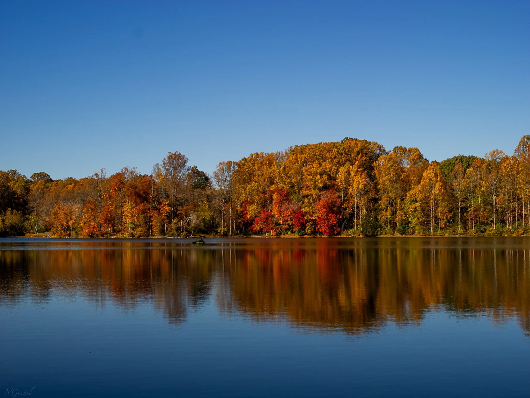 Autumn trees with colorful foliage along a calm lake, reflecting the trees and a clear blue sky.