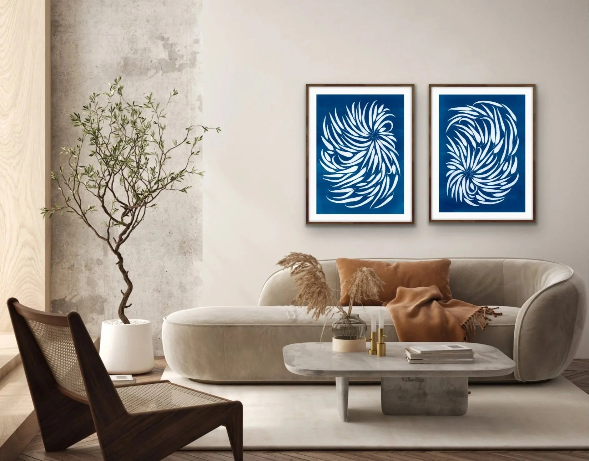 Diptych Cyanotype, Hand-printed Originals, Framed
