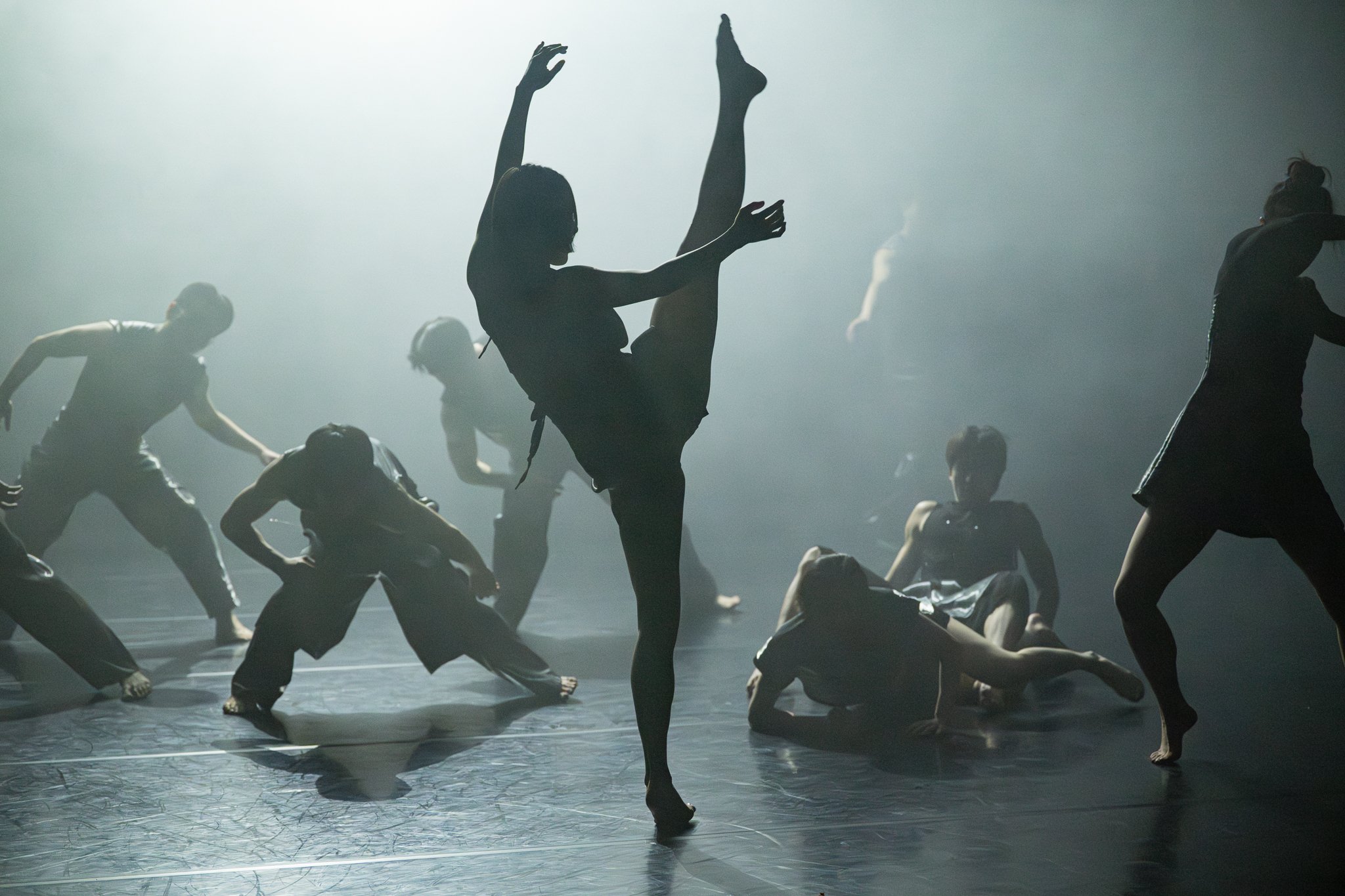 A group of dancers in various poses. Gravity by Ryu and Friends. A Festival of Korean Dance.