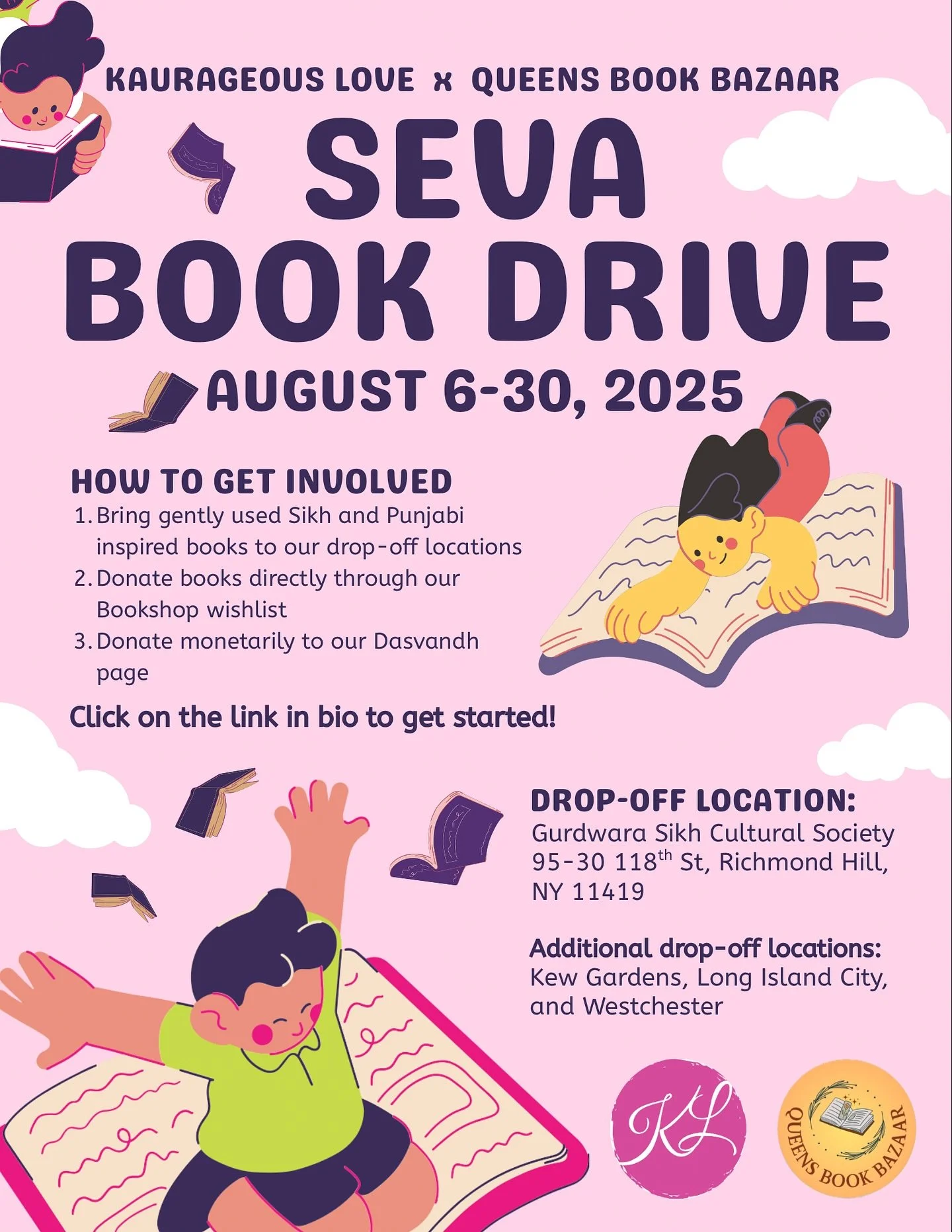 Join Kaurageous Love and Queens Book Bazaar for our Seva Book Drive! Throughout the month of August, we will be collecting new and gently used Sikh and Punjabi inspired books for all ages. We welcome all bodies of works with a Sikh or Punjabi focus -