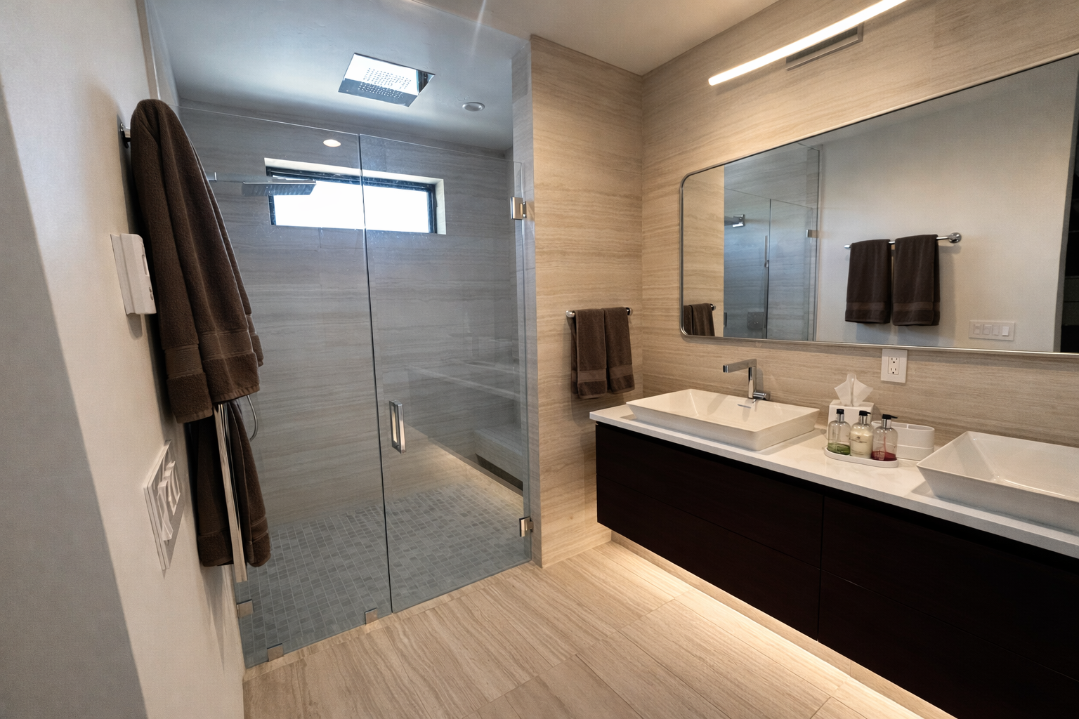 Modern bathroom with glass shower enclosure, double sink vanity, large mirror, brown towels, and neutral-toned tiles.