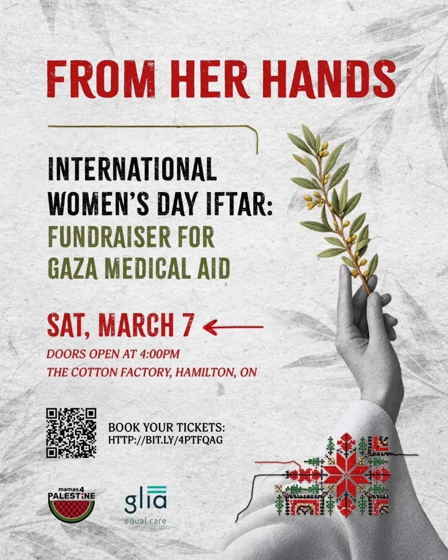 🗓️ SAVE THE DATE &ndash; MARCH 7

GLIA and M4P present From Her Hands, an International Women&rsquo;s Day Iftar in solidarity with Gaza, honouring Palestinian women as leaders, caregivers, and keepers of collective life.

We invite you to bring your