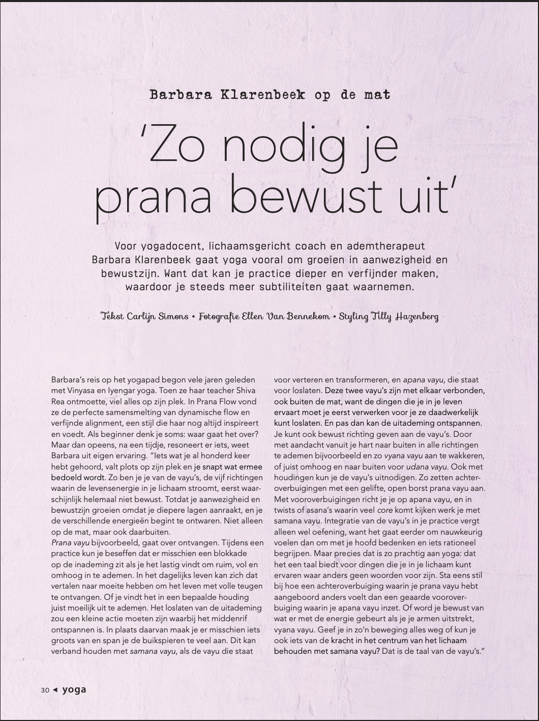 Artikel van Barbara Klarenbeek in Yoga Magazine over prana en de Vayu’s