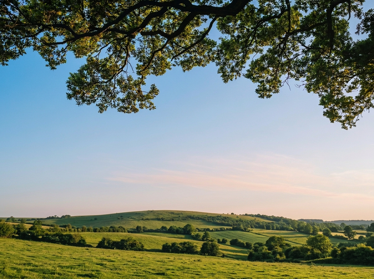 Green rolling hills beneath a blue sky, framed by leafy tree branches.